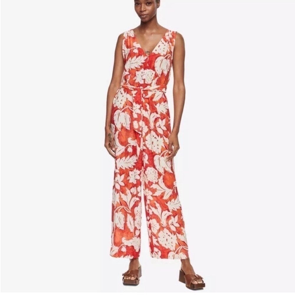 Mango Red Floral Wide-Leg Jumpsuit | Summer Vacation Resort Chic | Size M - Picture 2 of 11